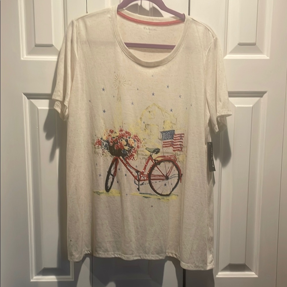 Cream Graphic T-Shirt with Bicycle and Flag